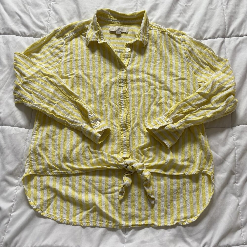 Loft Womens Medium Striped Linen Blend long‎ Sleeve Blouse Button Down Yellow